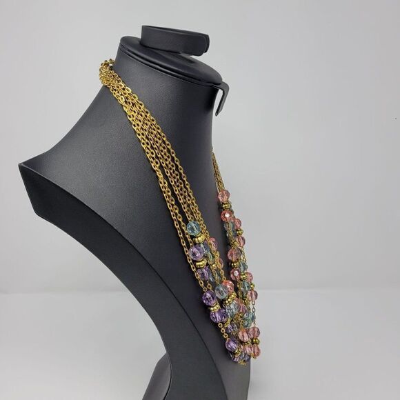 Necklace Opera 28" Gold Tone Chain Pastel Beaded Pink Blue Purple 3pc Set - Picture 9 of 13
